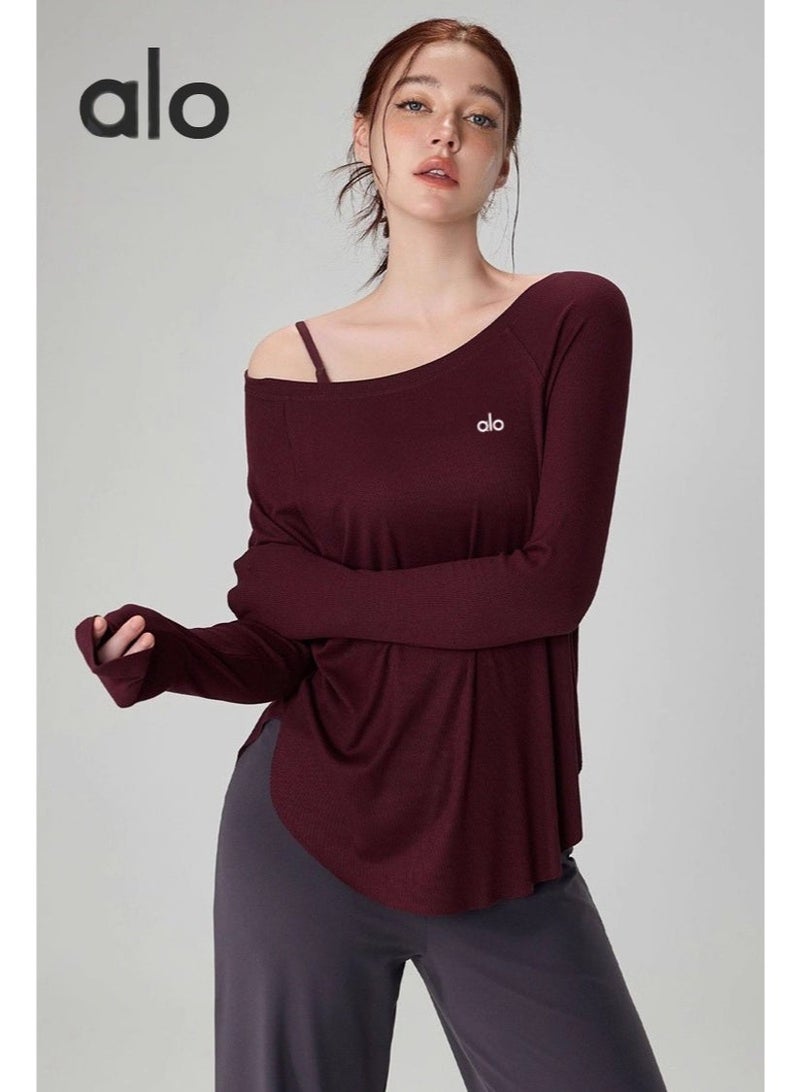 Alo Yoga Alo Burgundy long sleeved top - ribbed fabric, loose casual versatile top, brand logo details, versatile sportswear suitable for exercise and daily elegant clothing - Image 1