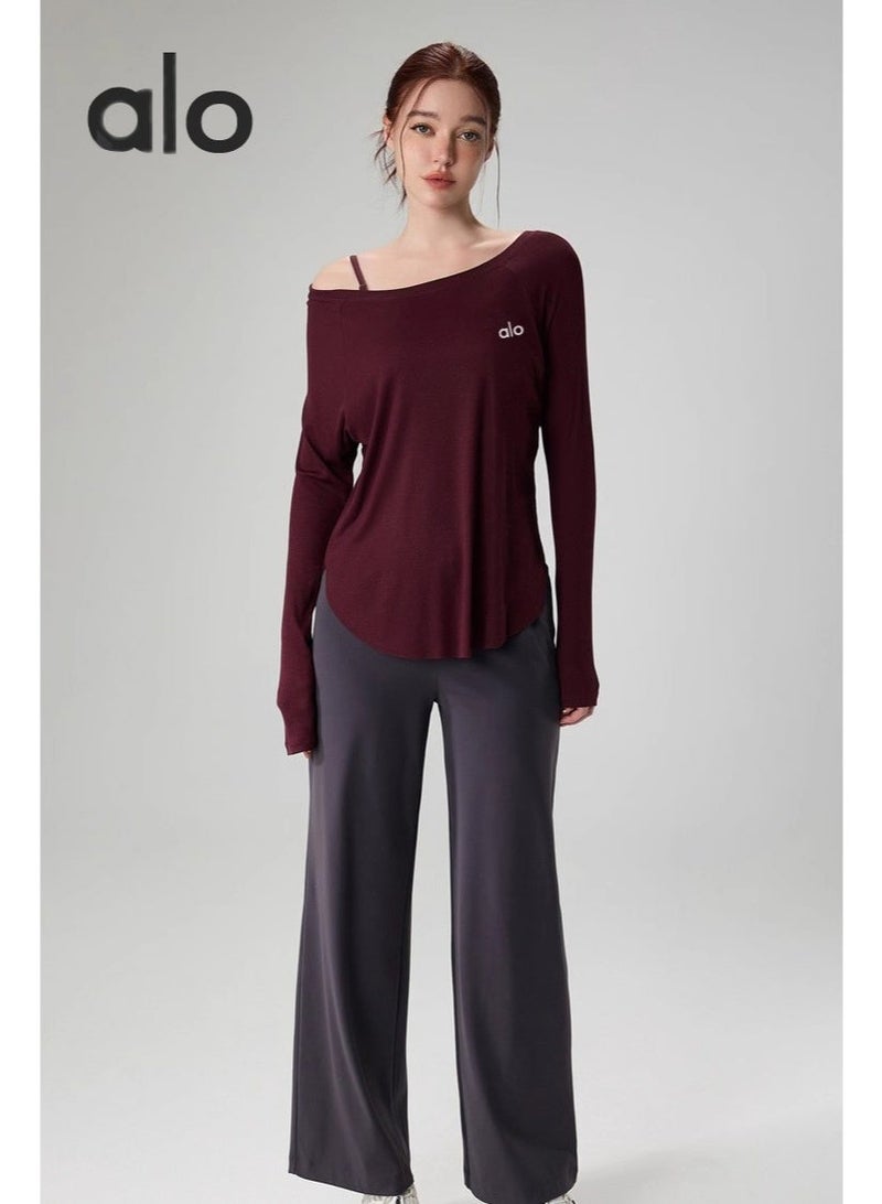 Alo Yoga Alo Burgundy long sleeved top - ribbed fabric, loose casual versatile top, brand logo details, versatile sportswear suitable for exercise and daily elegant clothing - Image 3