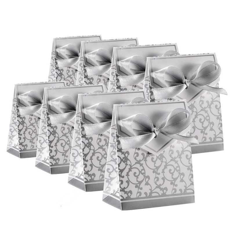 KUPOO 50PCS Candy BoxesSilver Ribbon Wedding Favor Boxes Candy Bag Cake Box for Wedding Party Decoration Easter silver