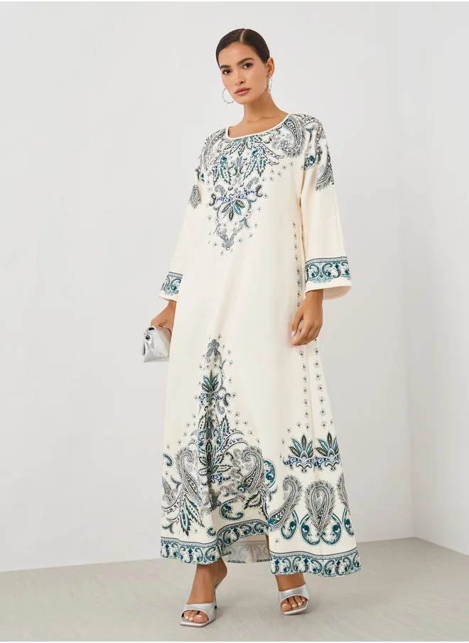 أميرة Amirah Paisley Placement Print Round Neck Jalabiya