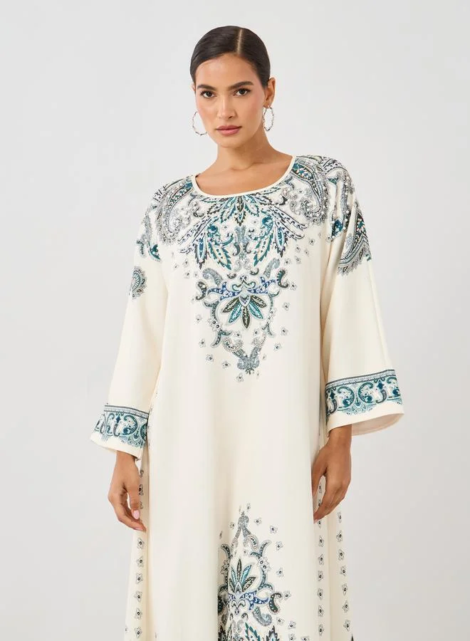 Amirah Amirah Paisley Placement Print Round Neck Jalabiya
