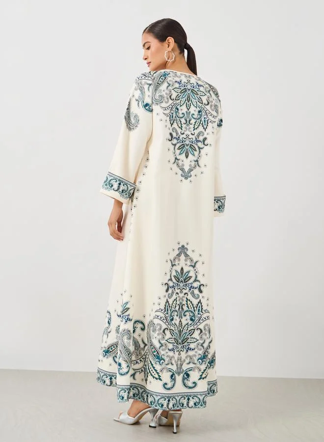 Amirah Amirah Paisley Placement Print Round Neck Jalabiya