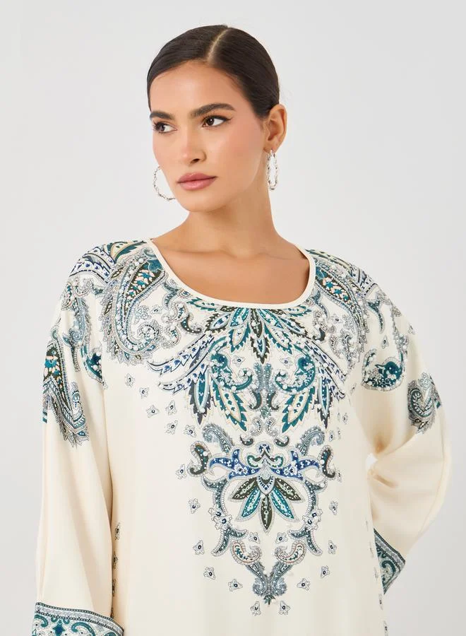 Amirah Amirah Paisley Placement Print Round Neck Jalabiya