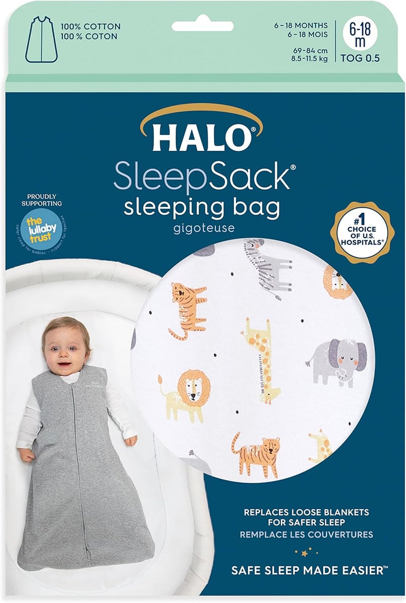 HALO Baby Sleeping Bag | 0.5 TOG SleepSack | 100% Cotton Jungle Design for Newborns | Easy Zip Access for Nappy Changes | Unisex, 0-6 Months - Image 2