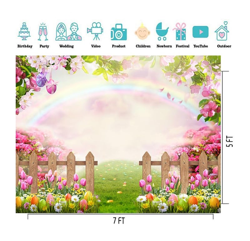 CYLYH 7x5ft Easter Backdrop Spring Easter Photography Backdrop Green Grass Pink Floral Colorful Eggs Rainbow Nature Scenery Background Children Birthday Party Banner Easter Party Backdrop - Image 4