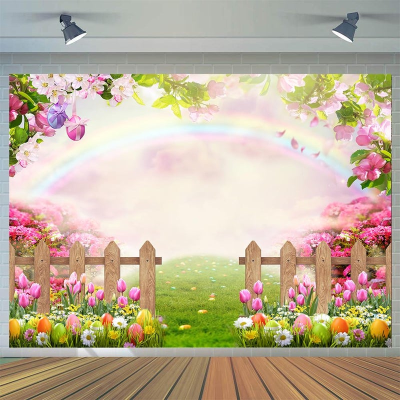 CYLYH 7x5ft Easter Backdrop Spring Easter Photography Backdrop Green Grass Pink Floral Colorful Eggs Rainbow Nature Scenery Background Children Birthday Party Banner Easter Party Backdrop - Image 1