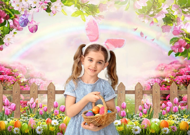 CYLYH 7x5ft Easter Backdrop Spring Easter Photography Backdrop Green Grass Pink Floral Colorful Eggs Rainbow Nature Scenery Background Children Birthday Party Banner Easter Party Backdrop - Image 3
