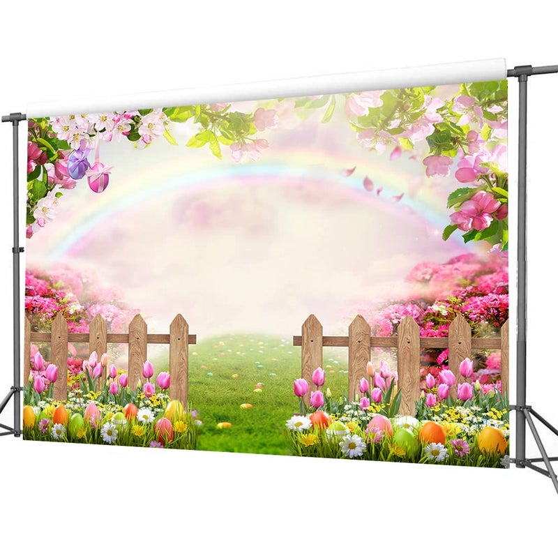 CYLYH 7x5ft Easter Backdrop Spring Easter Photography Backdrop Green Grass Pink Floral Colorful Eggs Rainbow Nature Scenery Background Children Birthday Party Banner Easter Party Backdrop - Image 5