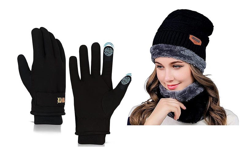 HIVER Combo of Beanie Black Cap and Womens Gloves Touchscreen Waterproof | Winter Gloves for Women with Beanie Cap | Trekking Snow Gloves for Minus Degrees (Medium, Black) - Image 1