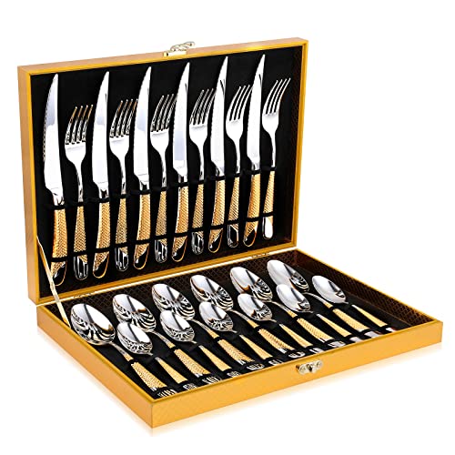 OGORI Hammered Silver Gold Silverware Set, OGORI 24-Piece 18/10 Stainless Steel Flatware Set, Service of 6 - Image 1