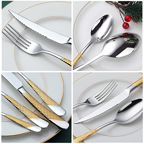 OGORI Hammered Silver Gold Silverware Set, OGORI 24-Piece 18/10 Stainless Steel Flatware Set, Service of 6 - Image 5