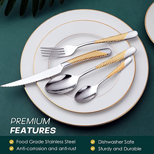 OGORI Hammered Silver Gold Silverware Set, OGORI 24-Piece 18/10 Stainless Steel Flatware Set, Service of 6 - Image 4