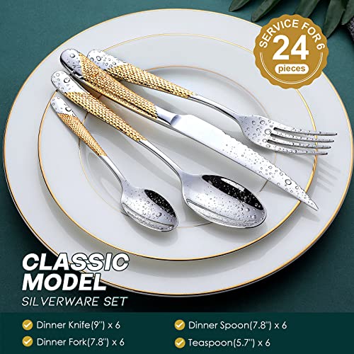 OGORI Hammered Silver Gold Silverware Set, OGORI 24-Piece 18/10 Stainless Steel Flatware Set, Service of 6 - Image 2