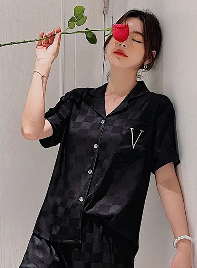 MARGOUN Pajama Medium Women Pajamas Houndstooth Ice Silk Homewear Sleep Suit Nightwear Short Sleeve Sleepwear Black - Image 1