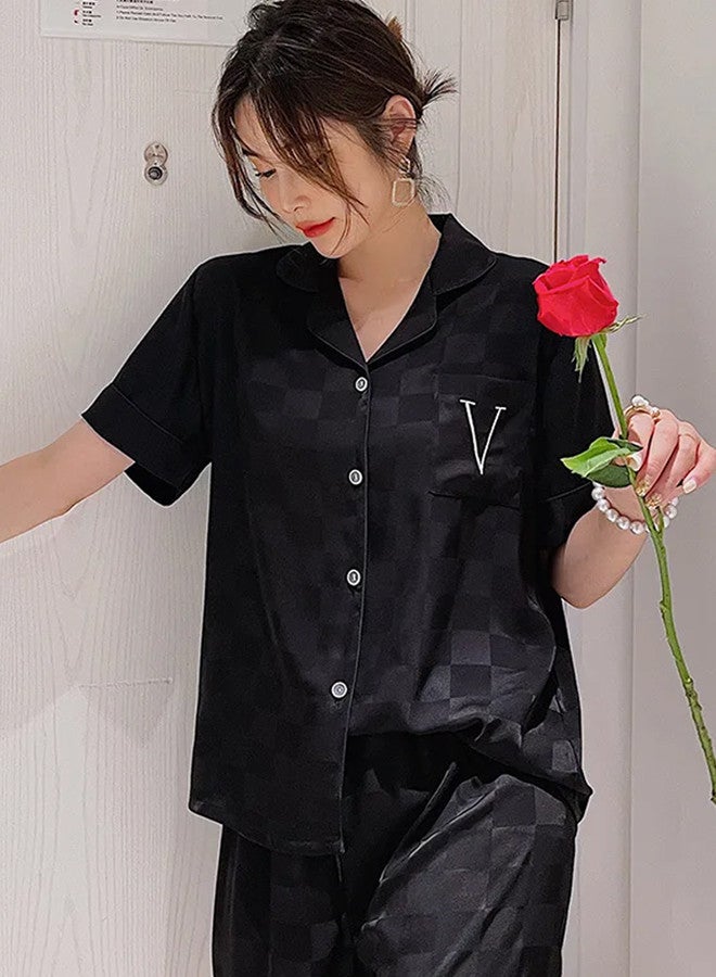 MARGOUN Pajama Medium Women Pajamas Houndstooth Ice Silk Homewear Sleep Suit Nightwear Short Sleeve Sleepwear Black - Image 3