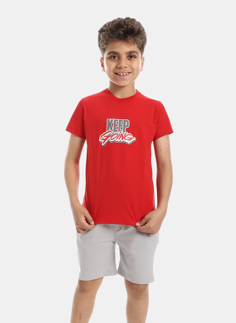 Andora Solid Pattern Cotton Pajama Set - Red & Grey - Image 1