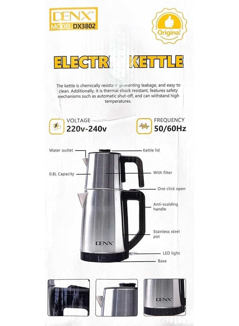 DENX 1500W Stainless Steel Double Electric Kettle DX3802 – 1.8L + 1.2L Dual Pot, Fast Boil, Auto Shut-Off, Boil-Dry Protection, Keep Warm 85–95°C, Cordless 360° Swivel Base (1.8L+1.2L) - Image 5