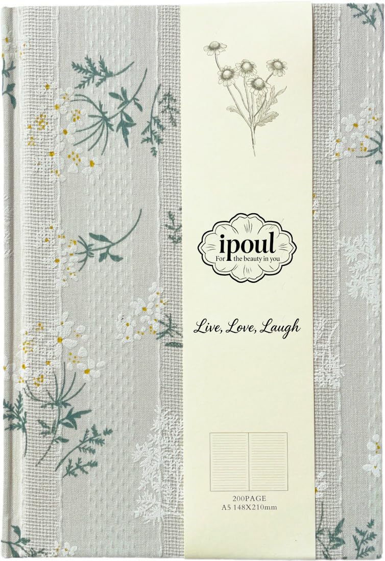 ipoul Floral Journal for women, Floret Printed Fabric Cloth Hardcover, A5, 200 Pages, 6x8 Medium Ruled Notebook, Similar Embroidered Linen Journal, Lay Flat Church Notes Notebook, Beige - Image 1