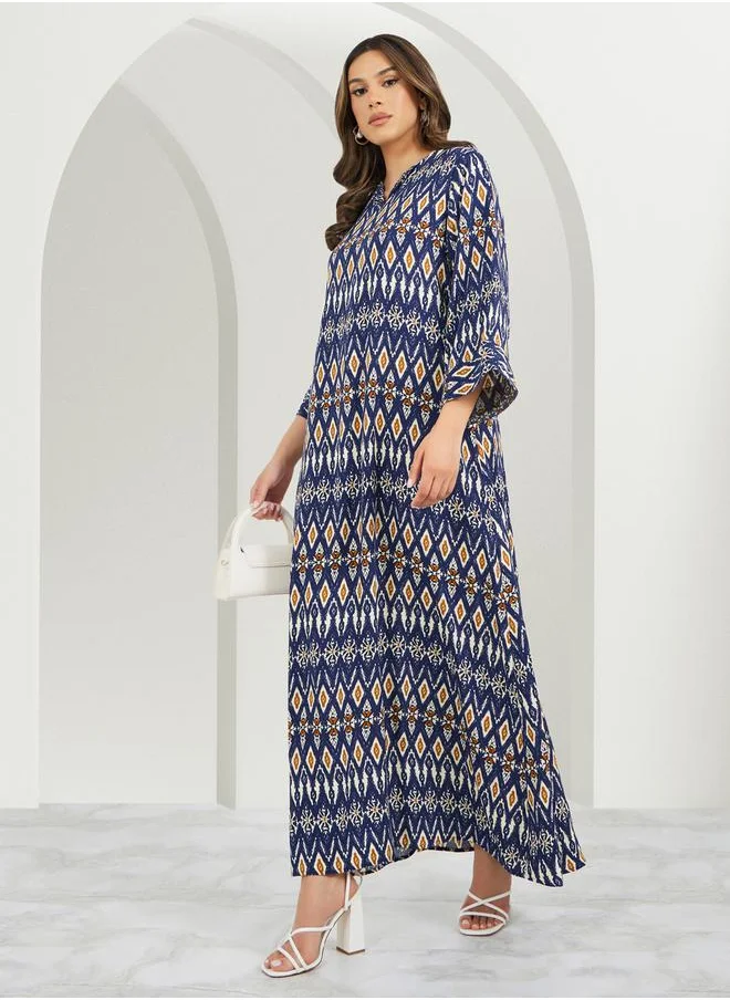 ستايلي All-Over Geometric Print V Neck Jalabiya