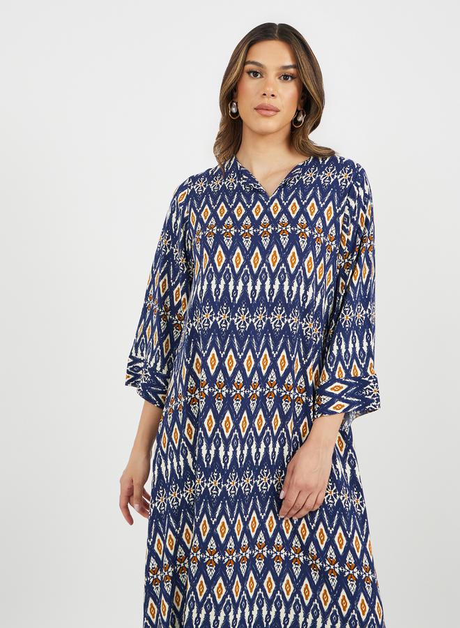 Styli All-Over Geometric Print V Neck Jalabiya - Image 2
