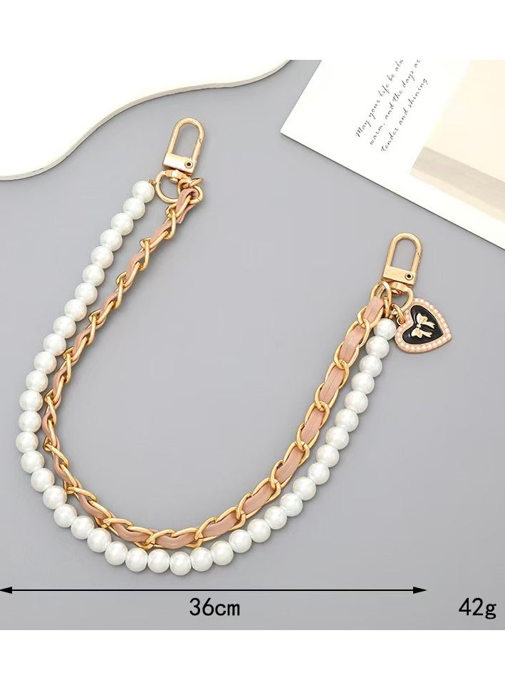 Sparkle Accessories Pearl & Gold Dual-Chain Leather Lanyard with Bow Tie - Anti-Lost Phone Strap, Secure and Stylish for Phones, Cameras, and Water Bottles （Khaki) 