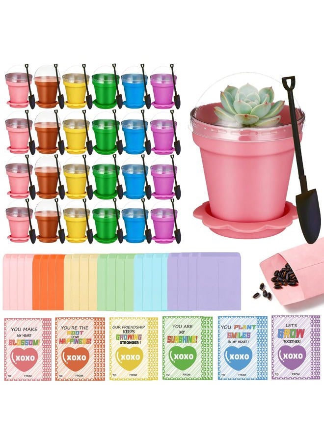 Bailiyake 24 Set Valentines Day Cards for Kids Classroom,Nursery Pots with Humidity Dome Shovel and Seed Packet,Small Plastic Plant Pots Valentines Party Favors for Classroom Exchange (Not Included Seeds) - Image 1