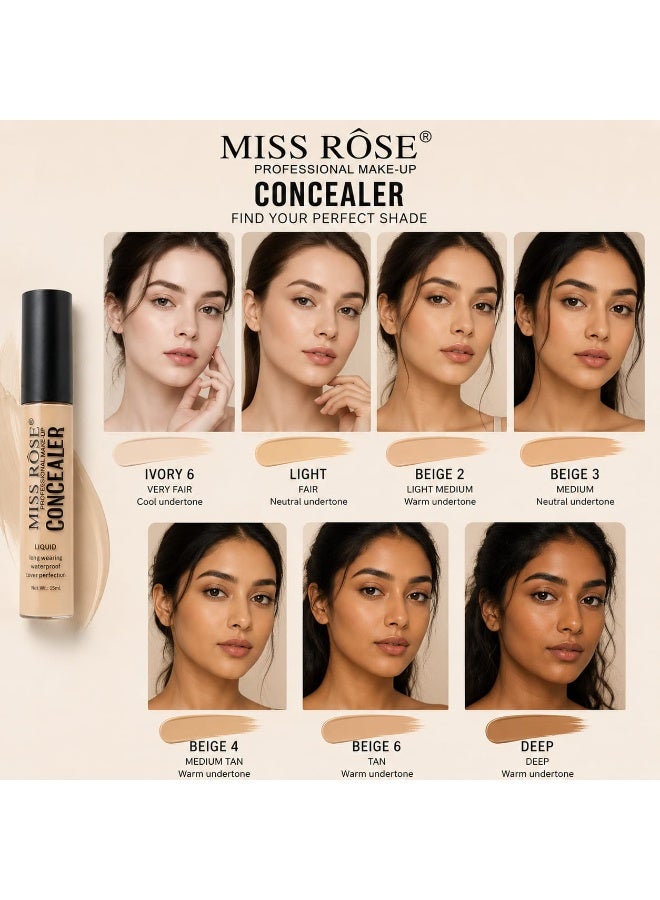 مس روز ميس روز كونسيلر BEIGE 2 15 مل – كونسيلر مقاوم للماء بتغطية كاملة للهالات وتفتيح البشرة - Image 2