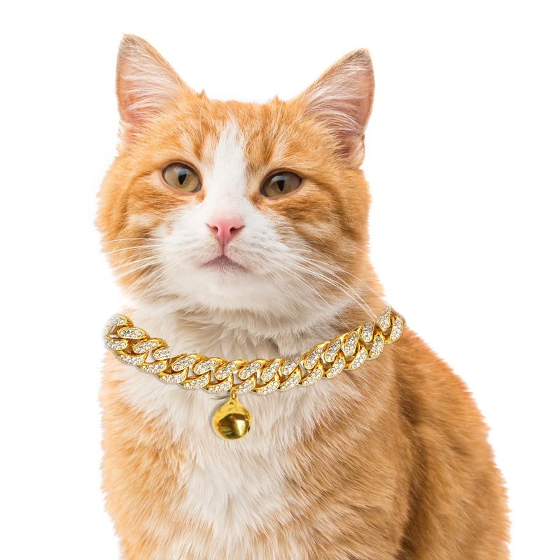 Halukakah Cat Collar - Carat - Iced Out Diamond Cuban Link Gold Chain for Cats & Kittens - 18k Real Gold Plated 8" Collar Size - with Bell - for Decoration Only - Get Your Cat Catwalk Ready - Image 1