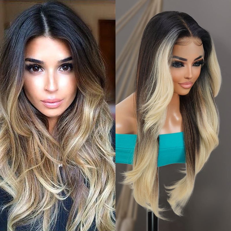 GLAM21USA HD Lace Front Straight Curly Wig 13X6 Glueless Invisible Transparent Frontal Wig Long Human Hair Blend PrePlucked Hairline SwissLace Synthetic Wigs  Tastee 28 Inch MOP1BBLONDE