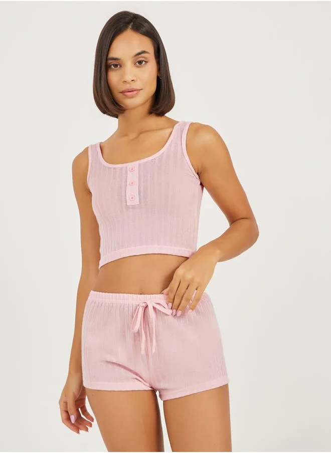 Styli Melange Brushed Rib Crop Placket Vest and Shorts Set