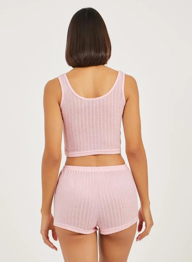 Styli Melange Brushed Rib Crop Placket Vest and Shorts Set