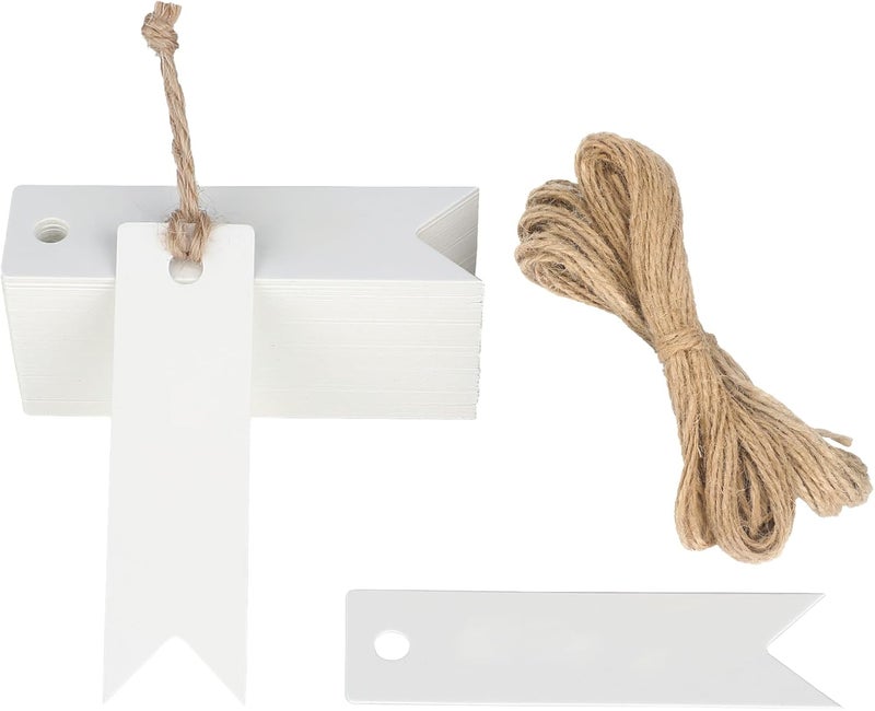 g2plus 100PCS Mini White Paper Gift Tags with String, 2.8x0.8 in Blank Paper Present Tag, White Hang Tag with Jute Twine for DIY Arts & Crafts, Businesses, Wedding, Christmas Party Favors - Image 1