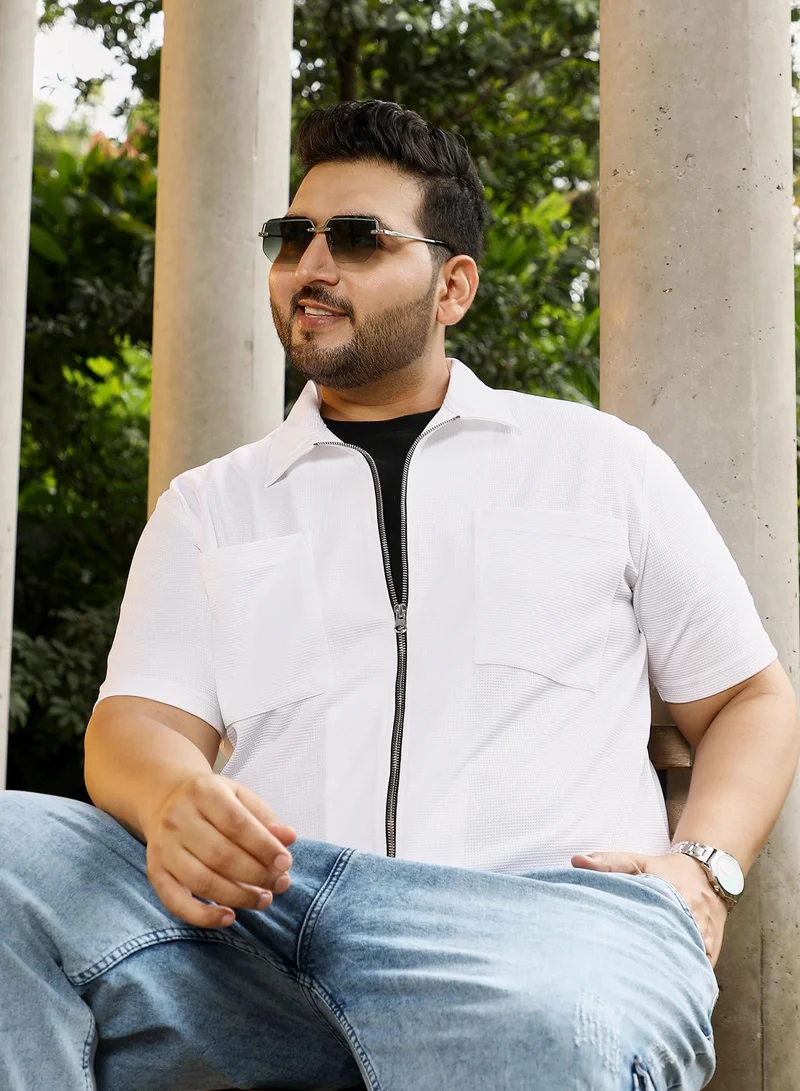 Instafab Plus Instafab Plus Men's Chalk White Waffle-Utility Oversized Shirt | Spread Collar , Short Regular Sleeves , Zipper Closure , Straight Hemline | Solid Waffle Polyester Blend For Street & Casual Wear