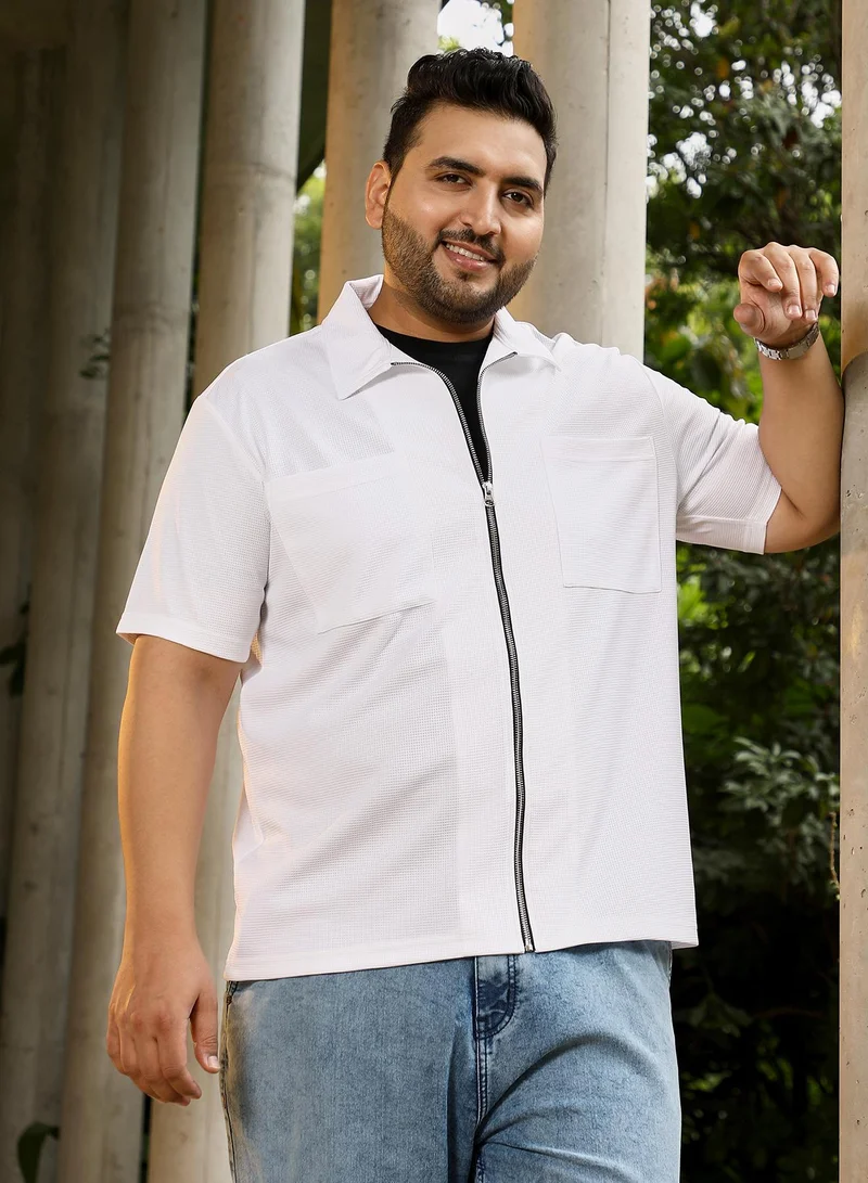 Instafab Plus Instafab Plus Men's Chalk White Waffle-Utility Oversized Shirt | Spread Collar , Short Regular Sleeves , Zipper Closure , Straight Hemline | Solid Waffle Polyester Blend For Street & Casual Wear