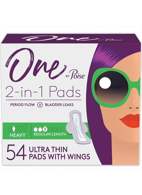 One by Poise Feminine Pads with Wings (2-in-1 Period & Bladder Leakage Pad for Women), Regular, Heavy Absorbency for Period Flow, Light Absorbency for Bladder Leaks, 54 Count (3 Pack of 18)