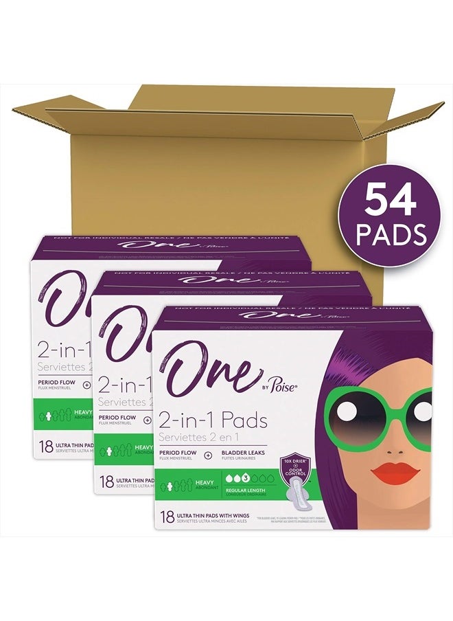 Poise - One by Poise Feminine Pads with Wings (2-in-1 Period & Bladder Leakage Pad for Women), Regular, Heavy Absorbency for Period Flow, Light Absorbency for Bladder Leaks, 54 Count (3 Pack of 18) - Image 1