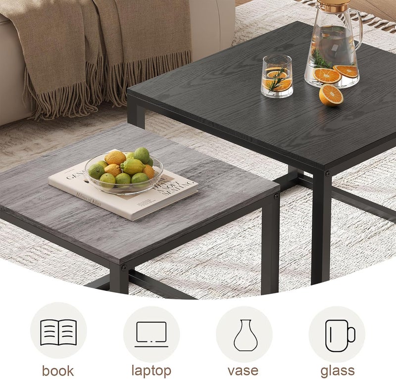 HOMERECOMMEND Square Coffee Tables Living Room,Nesting Tables Set of 2, Industrial Wood Table Set,Small Coffee Table Sturdy and Easy Assembly (Black+Grey) - Image 4
