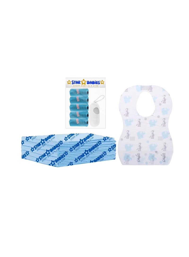 Star Babies Disposable Combo pack (Changing Mat 5pcs, Bibs 5pcs, Scented Bag w/dispenser)-Blue - Image 1