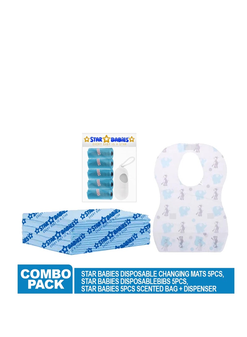 Star Babies Disposable Combo pack (Changing Mat 5pcs, Bibs 5pcs, Scented Bag w/dispenser)-Blue - Image 2