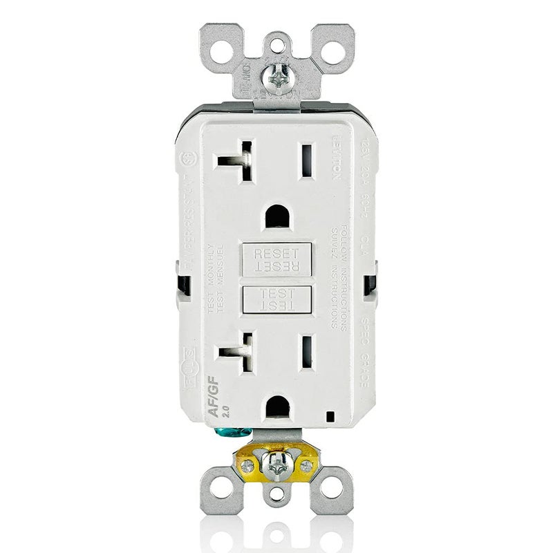 Leviton Dual-Function AFCI/GFCI Outlet, 20 Amp, Self Test, Tamper-Resistant with LED Indicator Light, Protection from Both Electrical Shock and Electrical Fires in One Device, AGTR2-W, White - Image 1