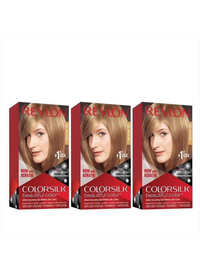 Revlon Permanent Hair Color by Revlon, Permanent Hair Dye, Colorsilk with 100% Gray Coverage, Ammonia-Free, Keratin and Amino Acids, 61 Dark Blonde, 4.4 Oz (Pack of 3) - Image 1