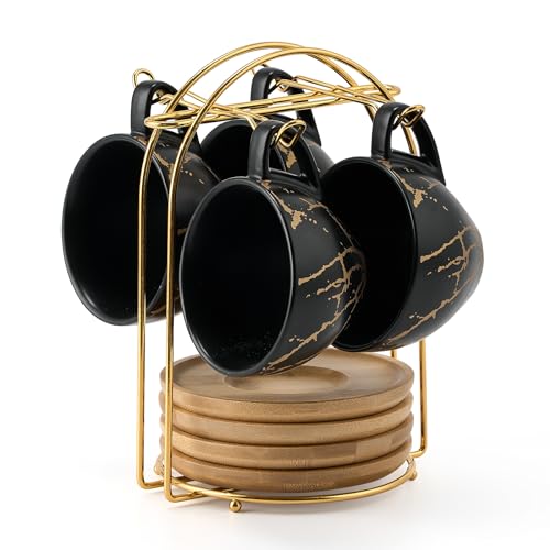 LUKA Ceramic Demitasse Espresso Cups Set with Saucers and Metal Stand, 8 oz Porcelain Stackable Cappuccino Cups Teacup For Tea, Espresso, Latte, Coffee, Cafe Mocha, Set of 4, Black - Image 1