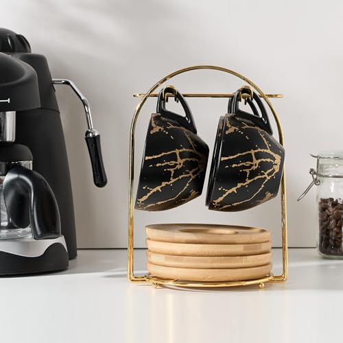 LUKA Ceramic Demitasse Espresso Cups Set with Saucers and Metal Stand, 8 oz Porcelain Stackable Cappuccino Cups Teacup For Tea, Espresso, Latte, Coffee, Cafe Mocha, Set of 4, Black - Image 3