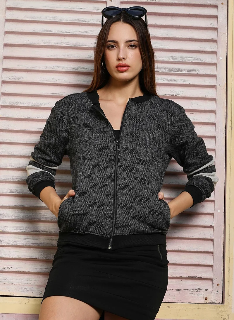 Campus Sutra Women's Charcoal Grey Zip-Front Textured Jacket For Casual Wear | Baseball Collar | Long Cuffed Sleeves | Zipper Closure | Jacket Crafted With Comfort Fit For Everyday Wear