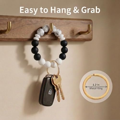 BIHRTC Silicone Key Ring Bracelet Elastic Beaded Keychain Wristlet House Car Keyring Holder with Leather Tassel Bangle Key Chain Wrist Elastic Bead Bracelet Keychain for Women - Image 3