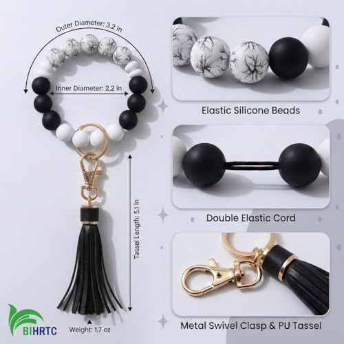 BIHRTC Silicone Key Ring Bracelet Elastic Beaded Keychain Wristlet House Car Keyring Holder with Leather Tassel Bangle Key Chain Wrist Elastic Bead Bracelet Keychain for Women - Image 2