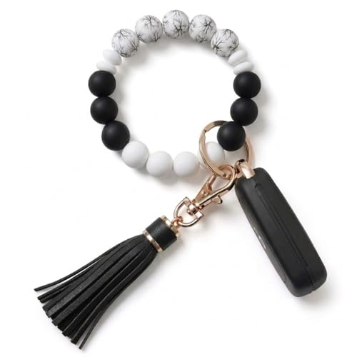BIHRTC Silicone Key Ring Bracelet Elastic Beaded Keychain Wristlet House Car Keyring Holder with Leather Tassel Bangle Key Chain Wrist Elastic Bead Bracelet Keychain for Women - Image 1