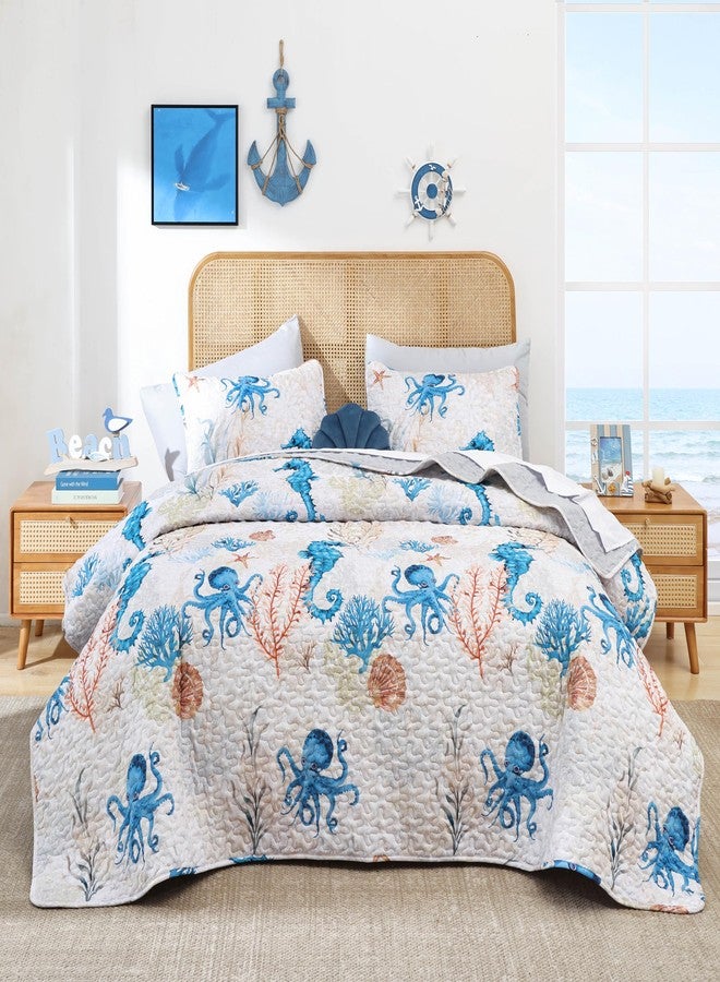 weigelia Coastal Quilts Bedding Set King Size - Summer Nautical Bedding Quilt with Pillow Cases, Beach Reversible Quilt Set Ocean Blue Seahorse Bedspreads Coverlet Soft Lightweight Comforter - Image 1