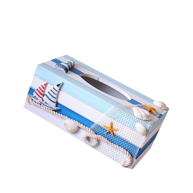 Wooden Ocean Decor Tissue Box With Lighthouse Lid Mediterranean Storage For Bathroom Home - Image 2