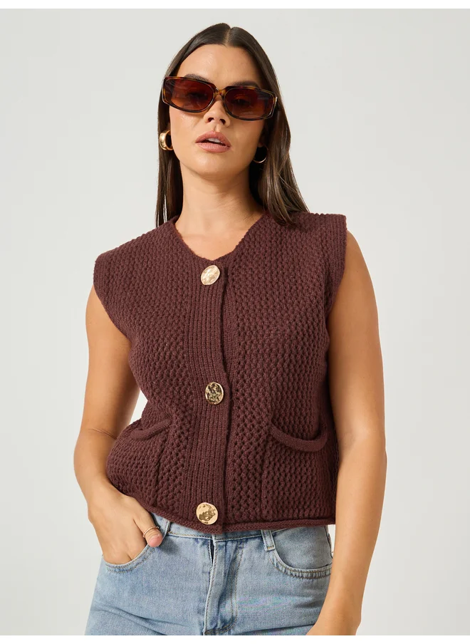 Styli Styli Open Knit Sleeveless Button Front Top